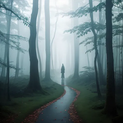 misty landscape,ghostly figures,dense foliage,vibrant colors,soft lighting,ethereal atmosphere,magical aura,hauntingly beautiful,natures tranquility,whispering trees,fading shadows,wandering spirits,enchanted wilderness,hidden secrets,serene silence,myster...