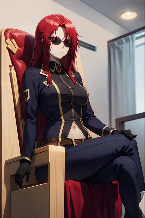 masterpiece, best quality, absurdres, perfect anatomy, 1girl, solo, MoriQSuit, long hair, pant suit, navel, black gloves, white belt, sunglasses, eyewear on head, indoors, sitting, throne, smirk, crossed legs, red hair,red eyes