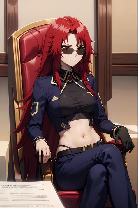 masterpiece, best quality, absurdres, perfect anatomy, 1girl, solo, MoriQSuit, long hair, pant suit, navel, black gloves, white belt, sunglasses, eyewear on head, indoors, sitting, throne, smirk, crossed legs, red hair,red eyes