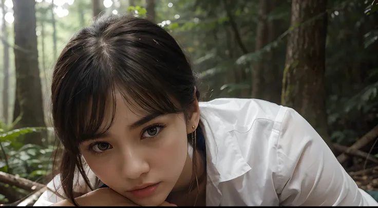 ８K、aesthetics、hi-school girl、glossy、a beauty girl、17 age、Being in the Blue Forest、deep-forest、Looking at the camera、ighly detailed、Hands in mind、White shirt、Black tie、Golden earrings、With bangs、Beautiful eyebrows、Quiet anger、BITCH、エロ、Skin sheer、a miniskirt