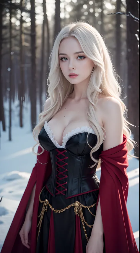 Photorealistic Production, One Person, Realistic Image of a Gorgeous 25 Years Old British Female, Shoulder-level Wavy White Hair, Serious Looking, Pale Skin, Snowy Forest at Night, (Wearing Black and Red Witch Robe with Corsets, along with Ornated Golden A...