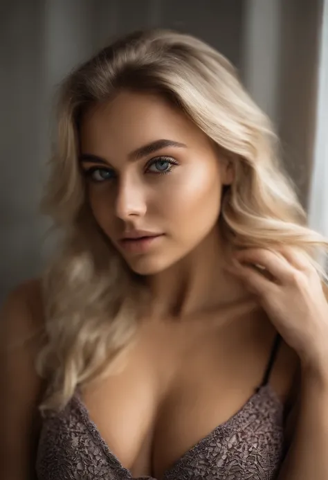 oman with matching dark top and panties, fille sexy aux yeux bleus, Portrait Sophie Mudd, Portrait de Corinna Kopf, cheveux blonds et grands yeux, selfie of a young woman, ohne Maquillage, maquillage naturel, Look directly into the camera, Visage avec Artg...