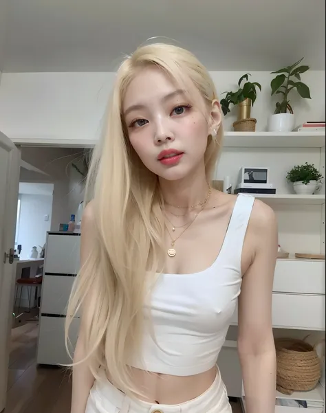 mulher loira com cabelo longo vestindo top branco e shorts brancos, very very pale blond hair, her hair is white, extremely pale blond hair, com cabelos longos brancos, com longos cabelos brancos, pale hair, menina coreana, com longos cabelos loiros, linda...