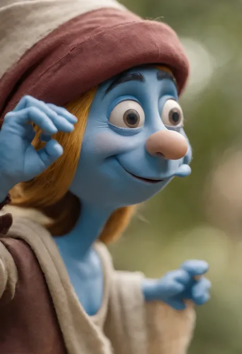 Foto de close-up de um rapaz alegre, rosto pintado estilo smurf, olhando da direita para a esquerda, careca