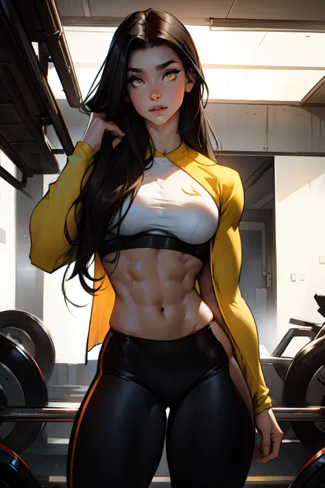 pale skin 1 girl bodybuilder huge tits black hair yellow eyes very long hair