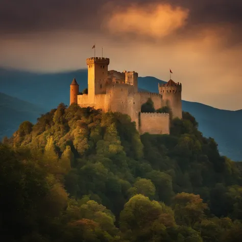 um castelo medieval sombrio,meio noite,um urso gigante por cima do castelo