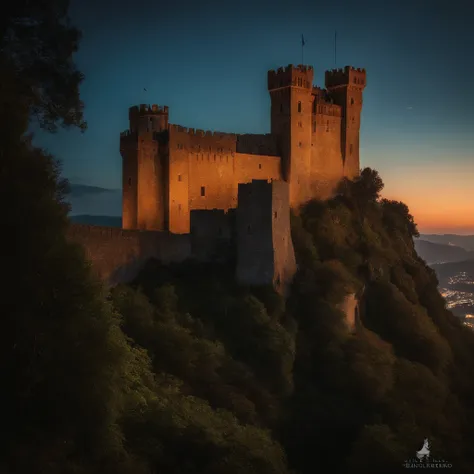 um castelo medieval sombrio,meio noite,um urso gigante por cima do castelo