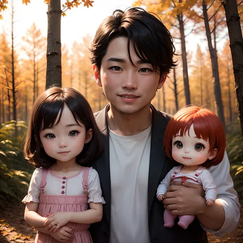 ​masterpiece、top-quality、ultra-detailliert、(Chibi Chara Family Photo:1.2)、Daddy、mamma、Male child、smiling for the camera、Autumn forest in the background