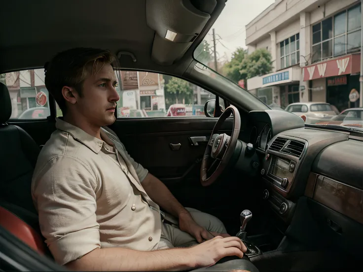 Ryan Gosling driving a car, old soviet car, Ryan inside of a car, only one person driving, classic soviet vehicle of the end of the 20th century, Ryan Goslings face, asphalt road, Red car, hands on a steering wheel