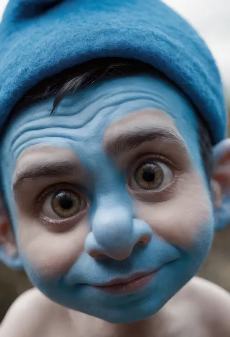 Foto de close-up de um rapaz, rosto pintado estilo smurf, olhando da esquerda para direita, without hat, careca, boca pequena