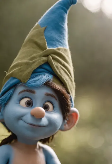 Foto de close-up de um rapaz, rosto pintado estilo smurf, olhando da esquerda para direita, without hat, careca, boca pequena