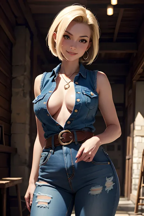 photos realistic、masutepiece, Best Quality,, absurderes, Beautiful Android 18、.db, Solo, , denim, Smile, Belt bag, vests,  Necklace, jeans, Rock, Volumetric lighting, Best Quality, masutepiece, Intricate details, tonemapping, Sharp Focus, Hyper Detailed, T...