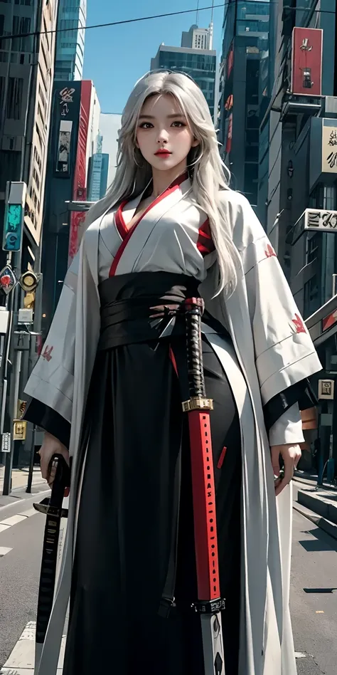 photorealistic, high resolution, soft light,1women, solo, hips up, (detailed face), white long hair, cybersamurai, cyborg, cyberpunk,  cyber armor, holding weapon,glowing,on the street , kimono , sniper looking at the target, katana,cloak