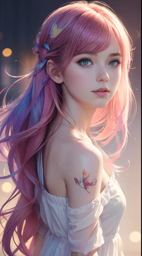 (8k, best quality, master piece:1.2),(best quality:1.0), (Ultra Highres:1.0), Watercolor, a beautiful woman, shoulder, hair ribbons, Director: Agnes Cecile, half-length portrait, bright design extremely bright, pastel colors, (ink:1.3), Autumn lights,