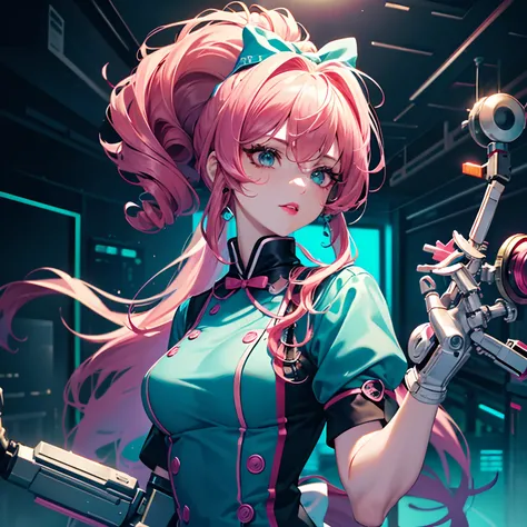 Top quality, masterpiece, fine detail, super detailed, accurate depiction, highly detailed 8k wallpaper, beautiful mechanical woman, solo, (magenta eyes), (cute mechanical woman: 1.3), five perfect fingers, (teal nurse clothes: 1.1), (mechanical joints, me...