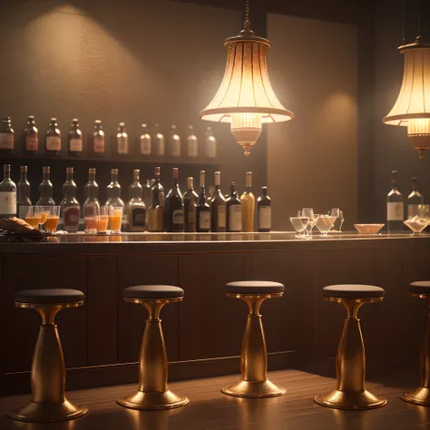 realistic scenery 3d render, cabaret scene without people, lighting from lamps, lamps, bar with fancy drinks, drinks, low light highlighting the light from the lamps --auto --s2