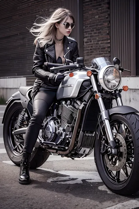 Araped woman sitting on a motorcycle in a parking lot, Sitting on a motorcycle, Photo of a female biker, Riding a motorcycle, B&W Photo, motorcycle, B&안으로!, Motorcycle rider, Riding a motorcycle, inspirational, motorcycle, Sitting on a cyberpunk motorcycle...