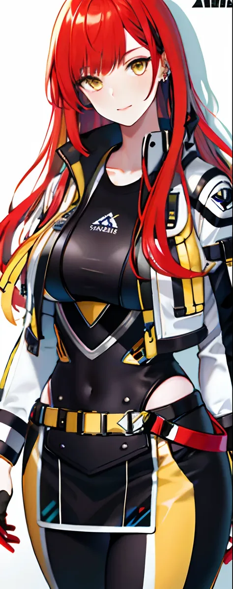 beautiful tall lady with red hair and yellow eyes super realistic and well designed suit outfit