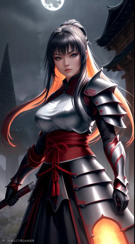 An imposing and serious Asian ninja girl with long legs and ancient ninja armor, wearing iron armor with red particles swirling in the air, Standing on a night plateau in a gothic dark rural natural setting. 

(best quality, 4k, 8k, alto, master part:1.2),...