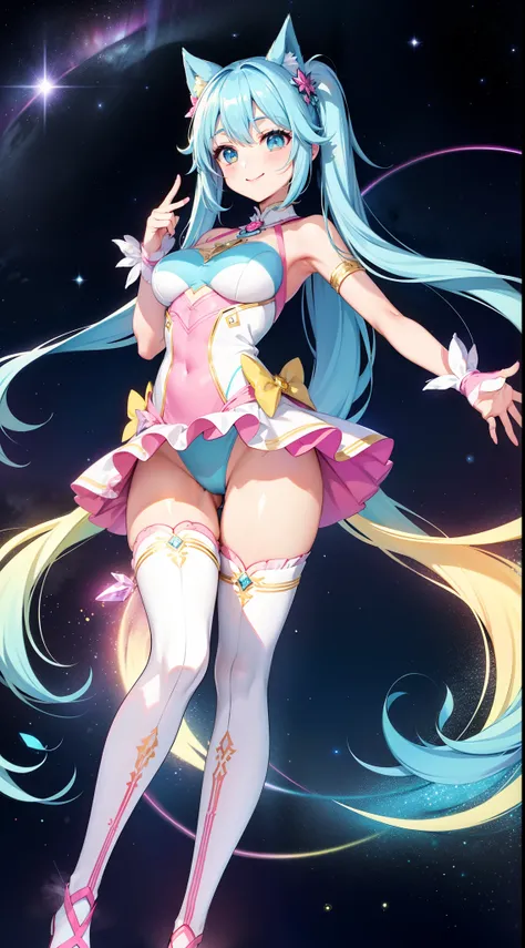 Super Idol　a beauty girl　A charming smile　sky blue hair　length hair　Twin-tailed　Glittery bright pink and white and yellow leotards　facing front　Mystical　Fantasia　constellation　a moon　Crystal Brilliance　Aurora Borealis in the Night Sky　Large in the center