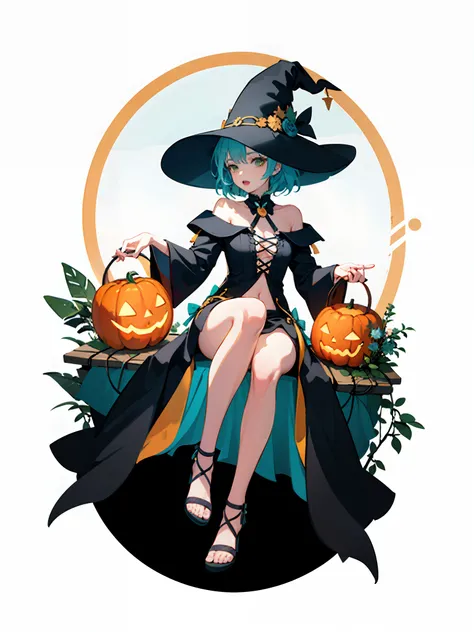 Mouth of Harbour Bay、Cute witch art logo、Pumpkin Lantern、circle、(White background)、Pastel Green、Pastel Orange、gradients、Minimum and pure — all、It features a simple、ultra-detailliert、Detailed drawing、vectorized、silhuette、8K。