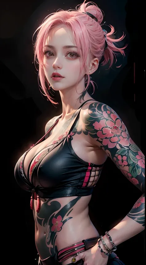 8k, masterpiece, (photorealistic:1.5), artistic portrait of ((a beauty sakura haruno) wearing kimono), irezumi tattoo on back, (...