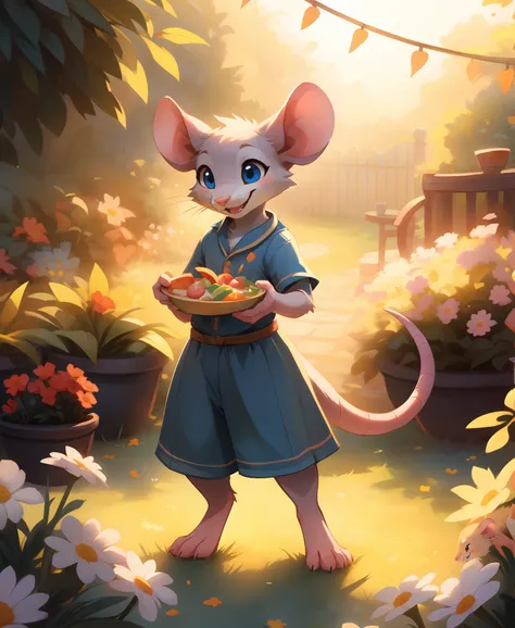 anthro rat standing in a garden, smiling, gorgeous eyes, whole body, dynamic pose, eating salade, morning, cute, happy, goodstuffV1