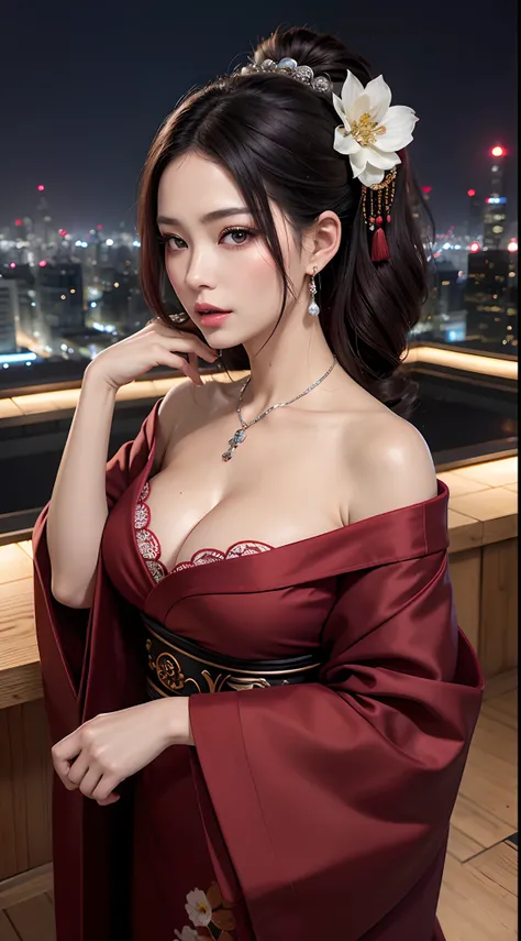 (hyper realstic)、Modern Oiran、(Female Ninja of the 21st Century)､Beautie　　high-level image quality　hight resolution　(Realistic)　Shorthair､Woman with dark hair、A MILF、Middle-aged woman、Big big、Detailed red-black 、detailed skin textures、超A high resolution、Re...