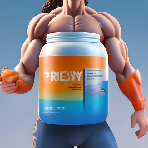 A superhero holding a jar of whey protein in the predominant colors orange and blue with gradient nuances.