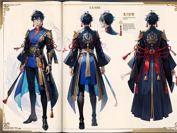 ((Masterpiece, Highest quality)), Male, boy, Detailed face, character design sheet， full bodyesbian, Full of details, frontal body view, back body view, Highly detailed, Depth, Many parts, Muscle boy with brunnete hair，handsome man, Traditional chinese clo...