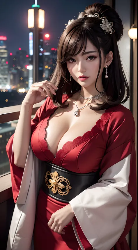 (hyper realstic)、Modern Oiran、(Female Ninja of the 21st Century)､Beautie　　high-level image quality　hight resolution　(Realistic)　Shorthair､Woman with dark hair、A MILF、Middle-aged woman、Big big、Detailed red-black 、detailed skin textures、超A high resolution、Re...