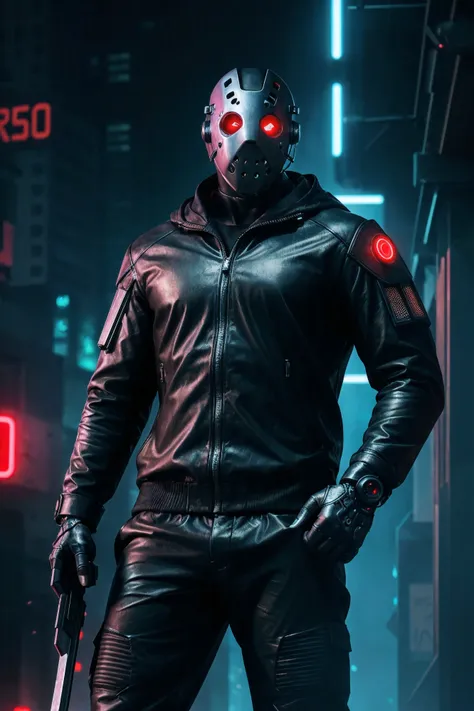 Imagine a cyberpunk version of Jason Voorhees, the iconic horror character, wielding a machete. Visualize Jason with a futuristic twist, adorned in a sleek and menacing cybernetic suit. The suit should have glowing neon accents, intricate circuitry pattern...