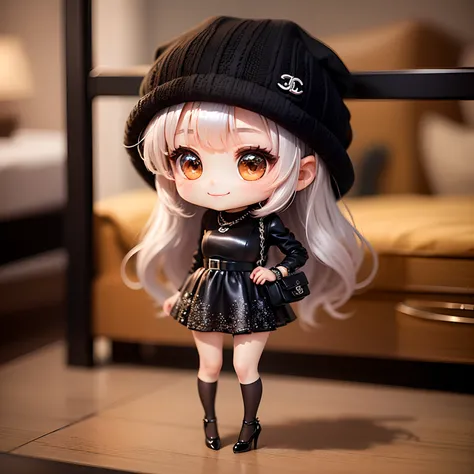 ​masterpiece、top-quality、ultra-detailliert、(Chibi Charas Daughter:1.2)、Brown long-haired、黒capelin hat、Mini dress with silver glitter、Black pumps、Black Chanel Bag、Full-body standing figure、a smile、