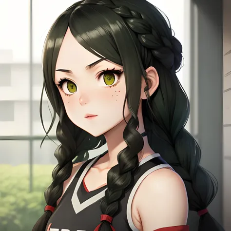 Haikyuu girl with black long hair with braids and big green eyes