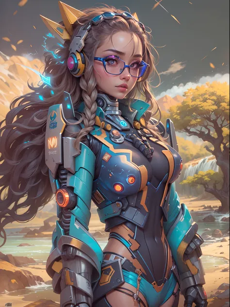 ((best quality)) , ((masterpiece)) , (detailed) ,1girll,(Mecha warrior:1.3), detailed, surreal,  she is winking, Lector, wearing cheetah print iron Suit, her hair is Inviting and styled as Waterfall braid, she has a Familiar [Honduran|Archean] fluorescent ...