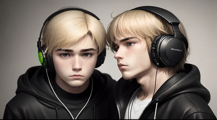 Blond sad boy black and white music headphones dark ink