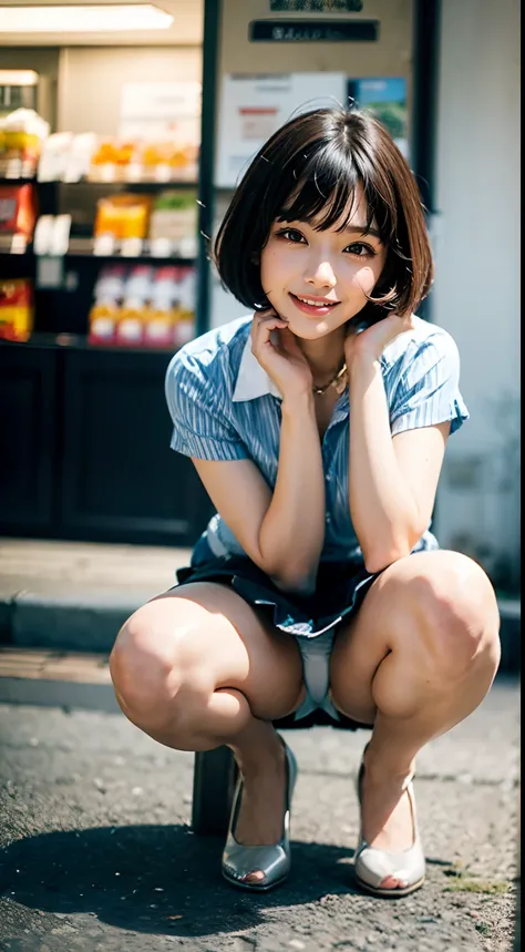 Face the front of your body at the camera:1.8, Composition looking up from below:1.8, pantie shot:1.8, Blue and white striped shirt with collar:1.5, Denim Mini Skirt:1.5, white  panties:1.5, Panties look bright and clear:1.3, Dress reliably:1.8, convenienc...