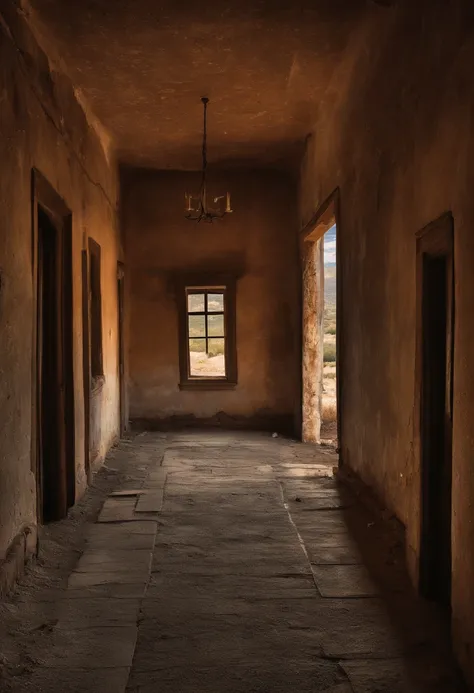 A ghost town with abandoned buildings and a mysterious atmosphere, um antigo saloon do Velho Oeste, destacando a arquitetura do passado, A photo of ruined buildings, Emphasizing the Decay of Ghost Towns, A deserted road leading to the ghost town, Conveying...