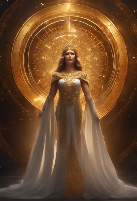 Goddess Themis of Cosmic Justice, olhos enfaixados com um pano dourado, Biomechanicals, incrivel, assustador, pesadelo, cores muito brilhantes, light particles, com luz brilhante, Mshiff, Arte do papel de parede, corpo perfeito vestido branco