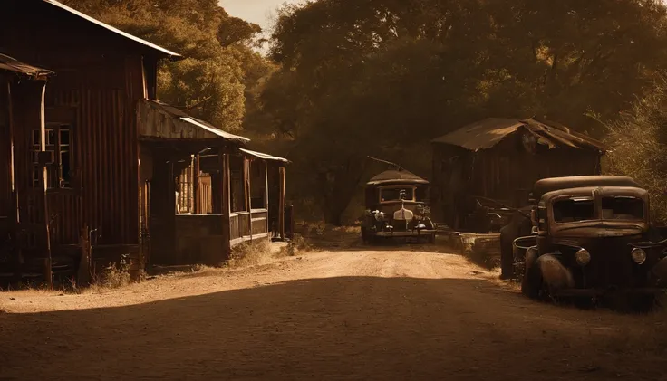 A ghost town with abandoned buildings and a mysterious atmosphere, um antigo saloon do Velho Oeste, destacando a arquitetura do passado, A photo of ruined buildings, Emphasizing the Decay of Ghost Towns, A deserted road leading to the ghost town, Conveying...