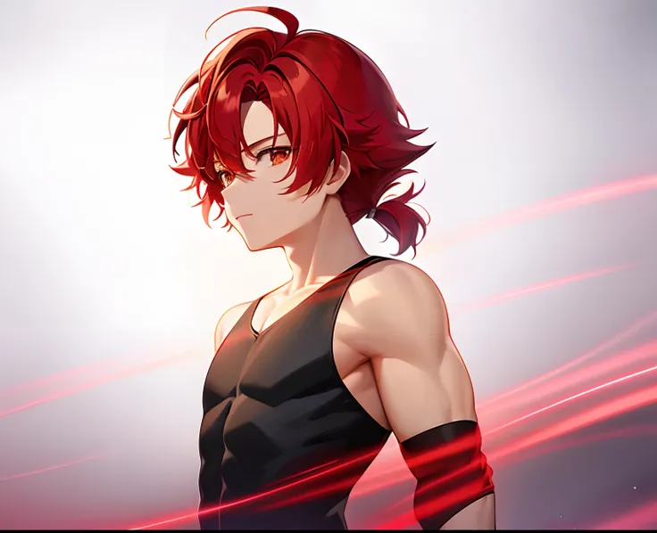 Anime Boy with Red Hair, male child, Classic Boy, Magical Boy Anime Mahou Shōnen, male child, Shonen romance, official fan art, Short red-haired boy with ponytail hair, Muscular men, masculine and muscular, (((((((no glow))))))), fanart, garments:Black tan...