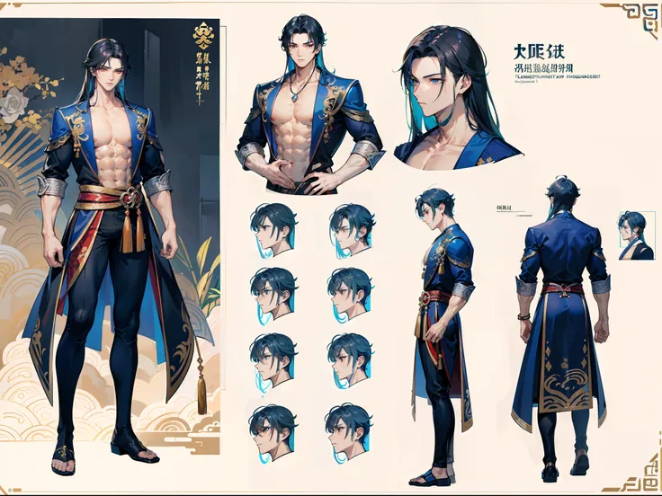 ((Masterpiece, Highest quality)), Male, boy, Detailed face, character design sheet， full bodyesbian, Full of details, frontal body view, back body view, Highly detailed, Depth, Many parts, Muscle boy with long brunnete hair with long bangs，handsome man, mu...