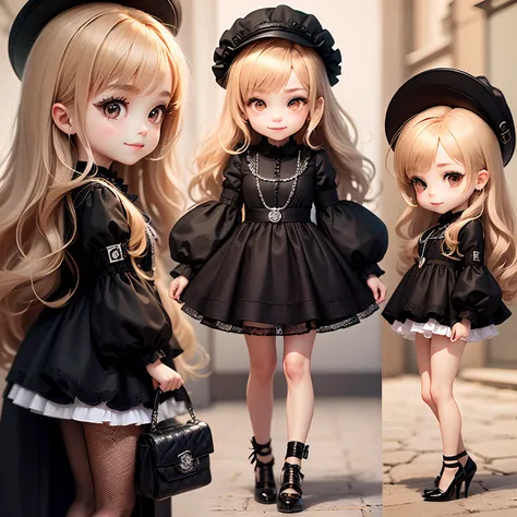 ​masterpiece、top-quality、ultra-detailliert、(Chibi Charas Daughter:1.2)、brown long-haired、Brimmed black capelin hat、Mini dress with silver glitter、Black pumps、Black Chanel Bag、Full-body standing figure、A smile、Solo