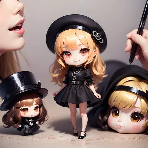 ​masterpiece、top-quality、ultra-detailliert、(Chibi Charas Daughter:1.2)、brown long-haired、Brimmed black capelin hat、Mini dress with silver glitter、Black pumps、Black Chanel Bag、Full-body standing figure、A smile、