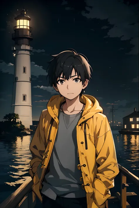 Anime boy in yellow raincoat standing on a boat in front of a lighthouse, Makoto Shinkai. digital render, Makoto Shinkai Cirilo Rolando, estilo anime 4K, estilo anime. 8k, Arte no estilo de Guweiz, Makoto Shinkai Estilo de Arte, Papel de parede anime 4k, E...