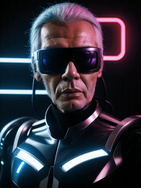 Man looking like Karl lagerfeld, pretty face, beautiful mouth, futuristic shades, cyborg, robot, morph, lying on a luxurious sofa, soft neon light, cinematic, iridescent red ,vivid details, robotic bionic features, dystopian, hyperrealistic, real photo sho...