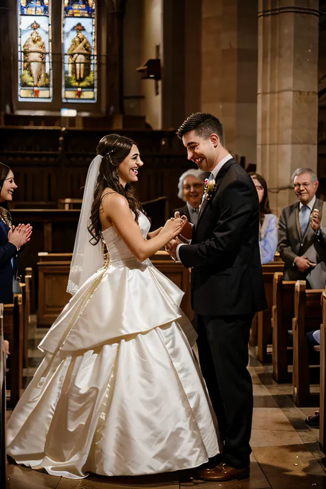 Friends and family smiling and applauding the couple exchanging the rings at the altar during the wedding in the church