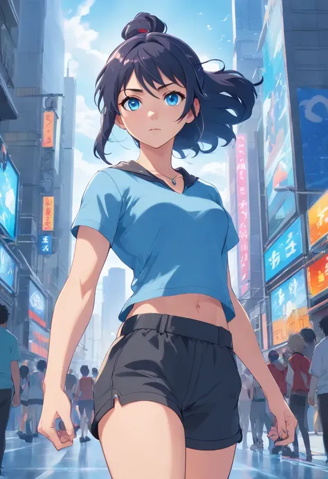 Blue eyes, teen girl, Masterpiece, Best Quality, 8K, Photographic Reality, Realistic, Octane Rendering, Bustling Urban Streets of CHicago (1 Woman: 1.4), (Only One Woman on the Screen: 1.3), (Grey Shirt), (Black Hair in Ponytail), (Black shorts), (silver t...