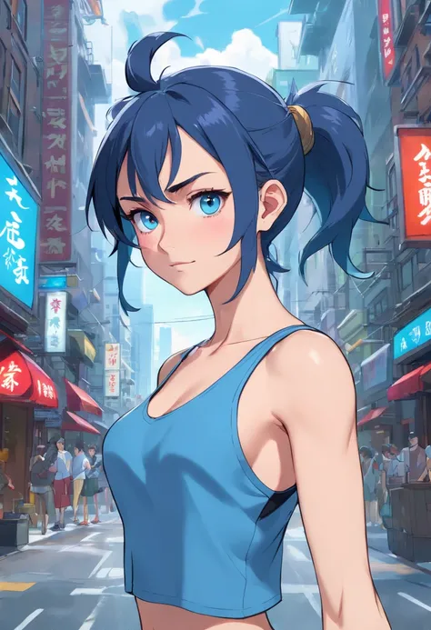 Blue eyes, teen girl, Masterpiece, Best Quality, 8K, Photographic Reality, Realistic, Octane Rendering, Bustling Urban Streets of CHicago (1 Woman: 1.4), (Only One Woman on the Screen: 1.3), (Grey Shirt), (Black Hair in Ponytail), (Black shorts), (silver t...