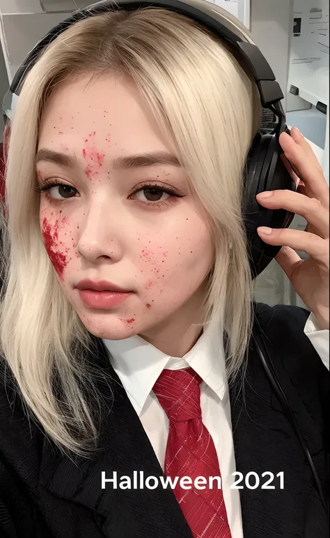 Mulher loira com manchas vermelhas no rosto e fones de ouvido, cosplay realista, brutal sluty sluty maquiagem, pale woman covered with blood, brutal sangrenta e maquiada, uma aluna hiperrealista, respingo de sangue nas laterais, cosplay profissional, sangu...